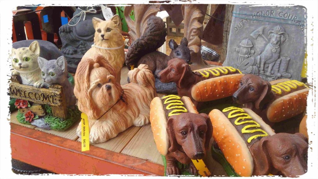 Painted cement statues. Happy Halloweenie! Hot dogs in mustard only! 